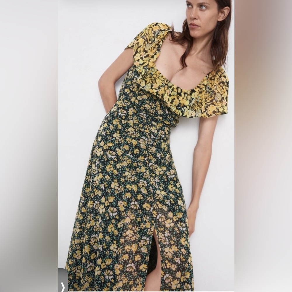 Zara Floral Print Ruched Ruffle Midi Dress Black Yellow Flutter Sleeve
